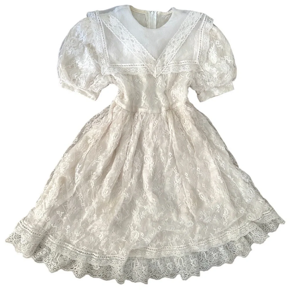 VINTAGE Gunne Sax Jessica McClintock Girls Lace Dress Size 7 Back Zip Lined
